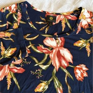 JM Collection Women Floral Print 3/4 Sleeve Scoop Neck Black Rayon Shirt Top Med